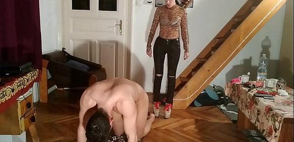  Sexy slim domina ass kicking humiliate slave in high heels pt2 HD